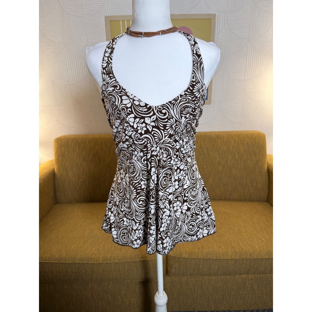 AB Studio Womens Brown White Floral Swirl Halter Top V-Neck Babydoll Small USA